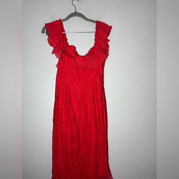 ANGEL BIBA OFF SHOULDER RED FLORAL LACE RUFFLE HIGH LOW MAXI DRESS sz S NEW - Picture 7 of 8